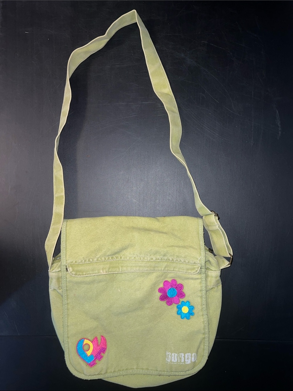 BONGO Olive Green Canvas Crossbody Bag with Colorful Flower Patches